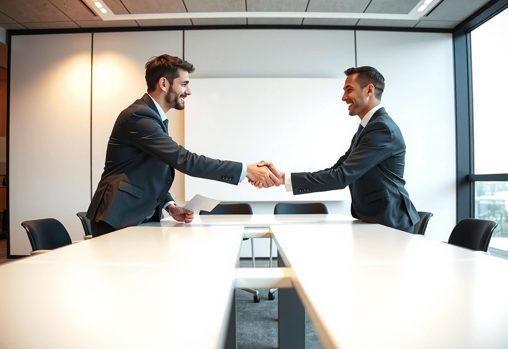 Dva obchodní partneři si potřásají rukou, symbolizující spolupráci