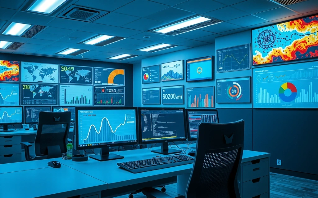 Grafy a AI vizualizace na obrazovkách v technologickém prostředí