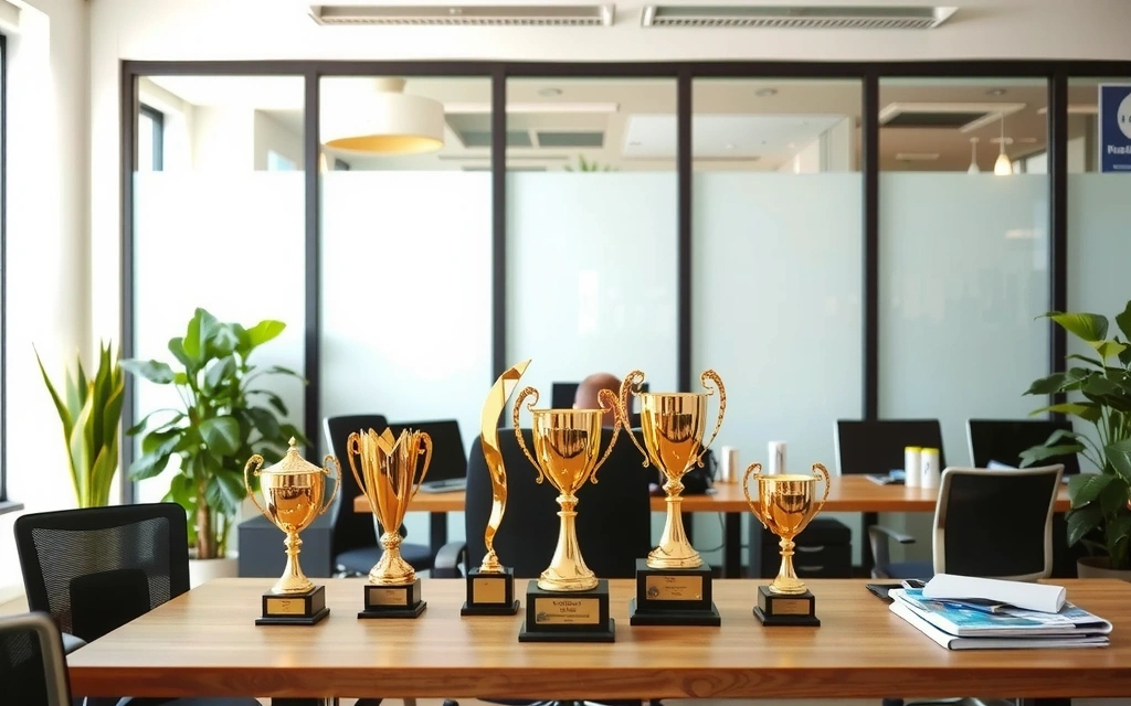 Ocenění a trofeje na stole v kanceláři Promoloop