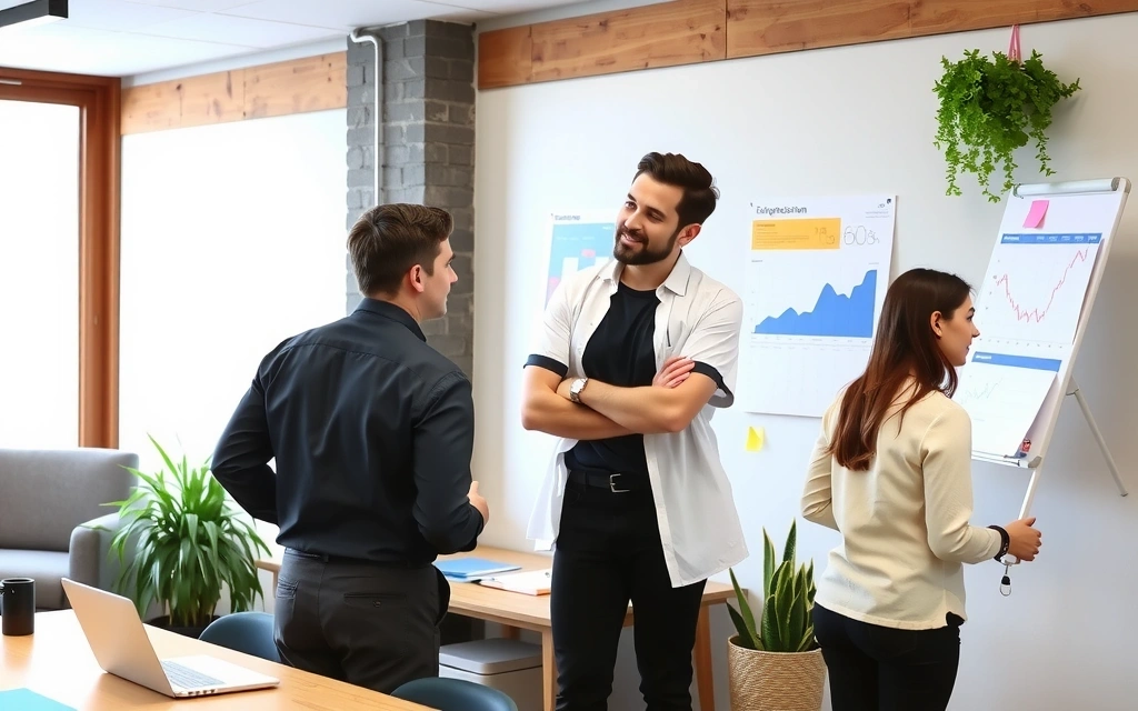 Rozšiřující se tým Promoloop v modernější kanceláři, diskutující o sociálních médiích