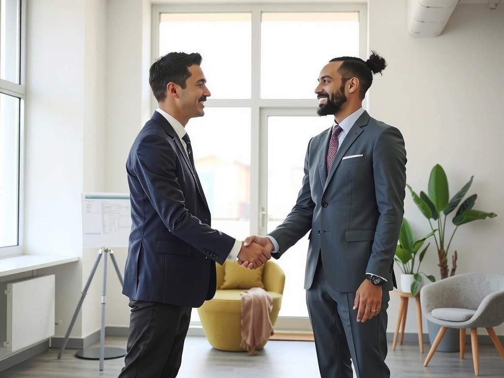 Dva lidé si podávají ruce, ilustrující obchodní dohodu a partnerství.