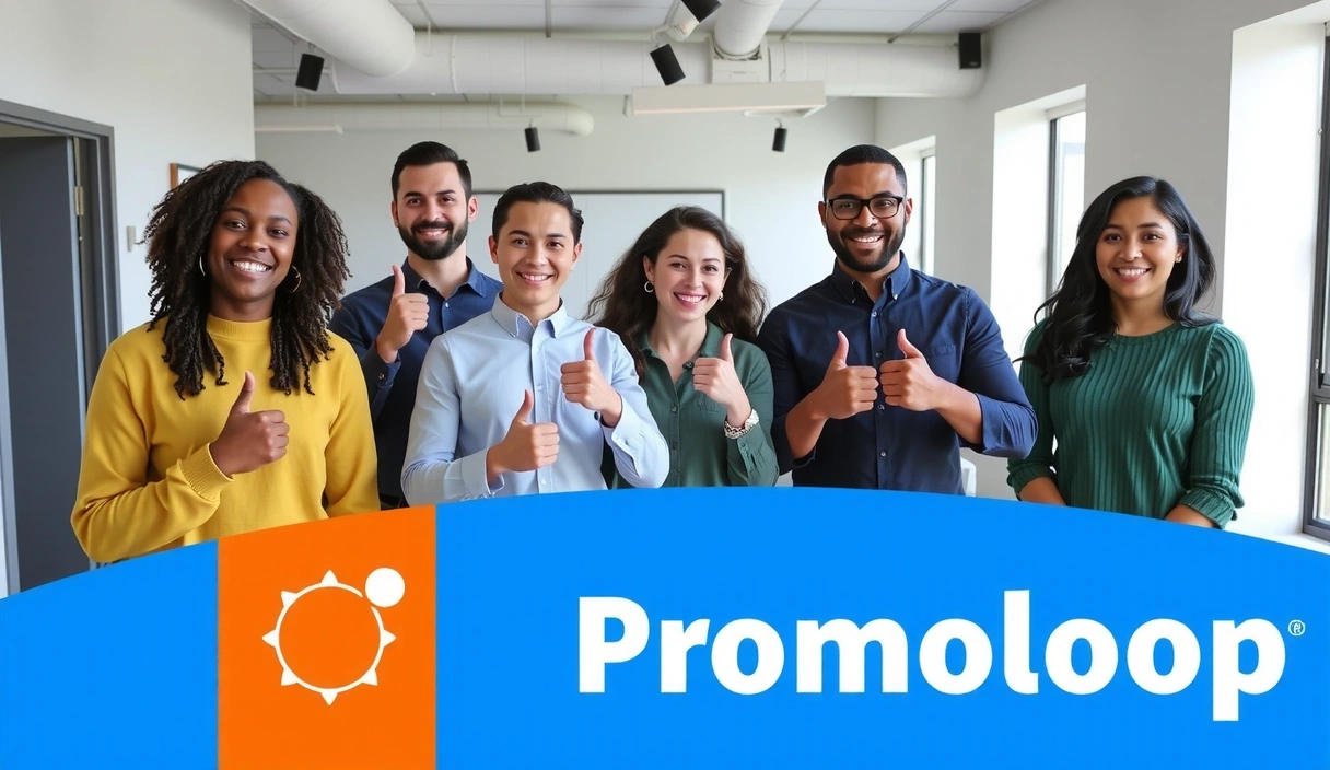 Šťastní zaměstnanci Promoloop se usmívají a ukazují palec nahoru